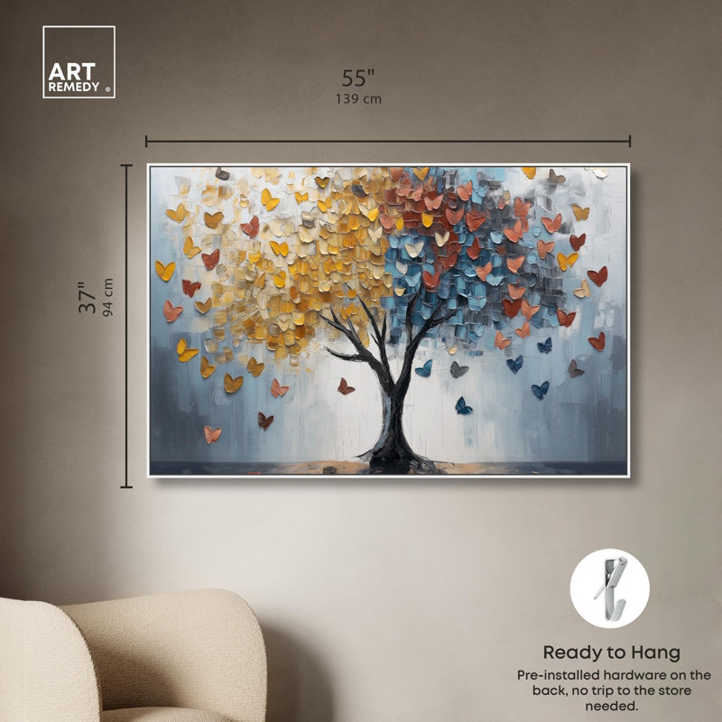 «Butterfly Dream Tree I», art coloré sur toile par Art Remedy, H 37 po x l 55 po x P 1,8 po, Cadre flottant blanc