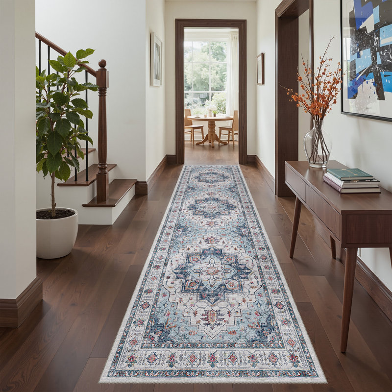 Malila Machine Washable Non-Slip Area Rug, Blue, Runner 2' x 8'