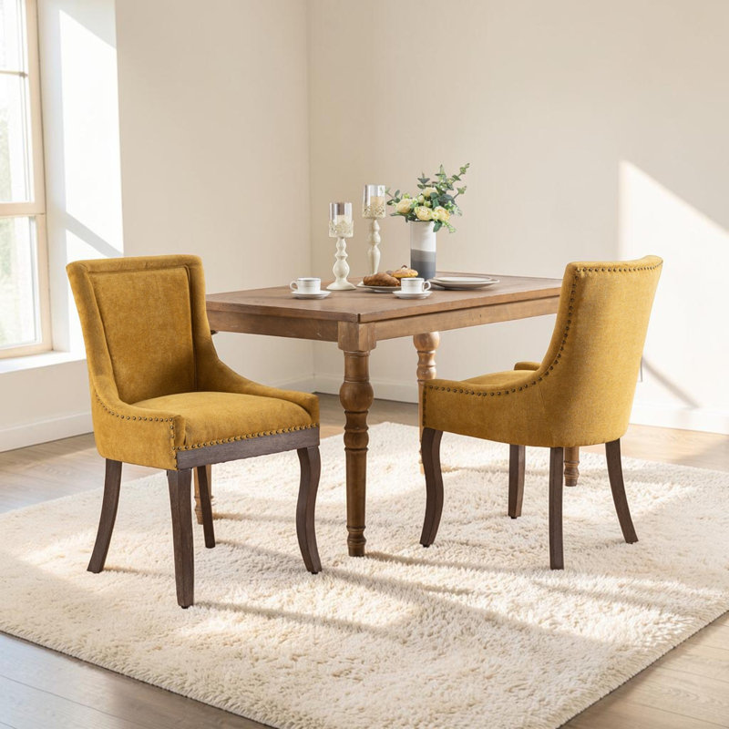 Thickened Fabric Upholstered Wooden Nailhead Dining Chair, Yellow, 2, Brown