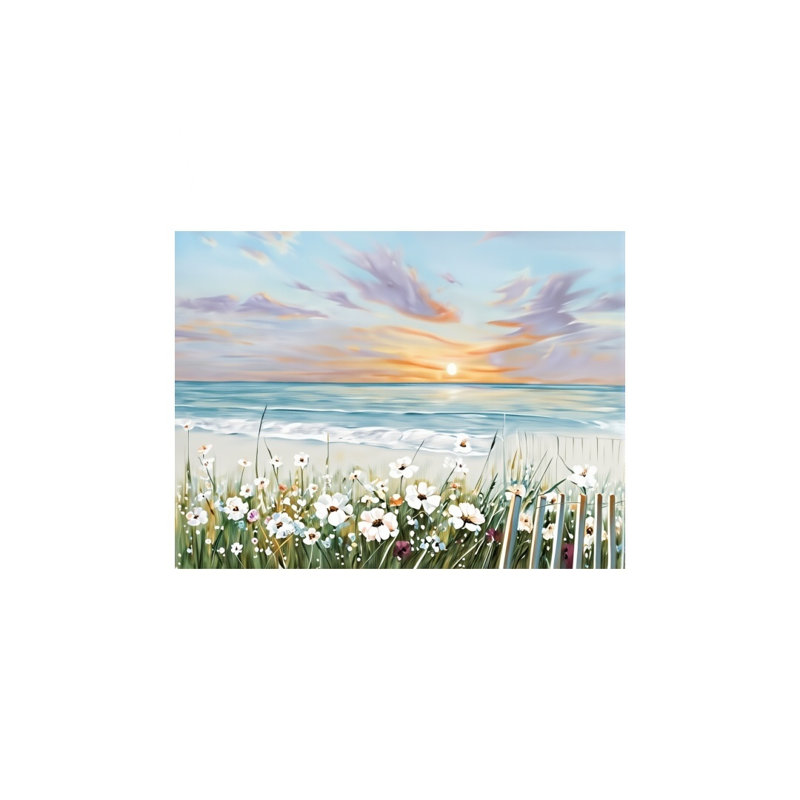 Coucher de soleil océan et thème floral, art mural non encadré, L 24 po x l 36 po