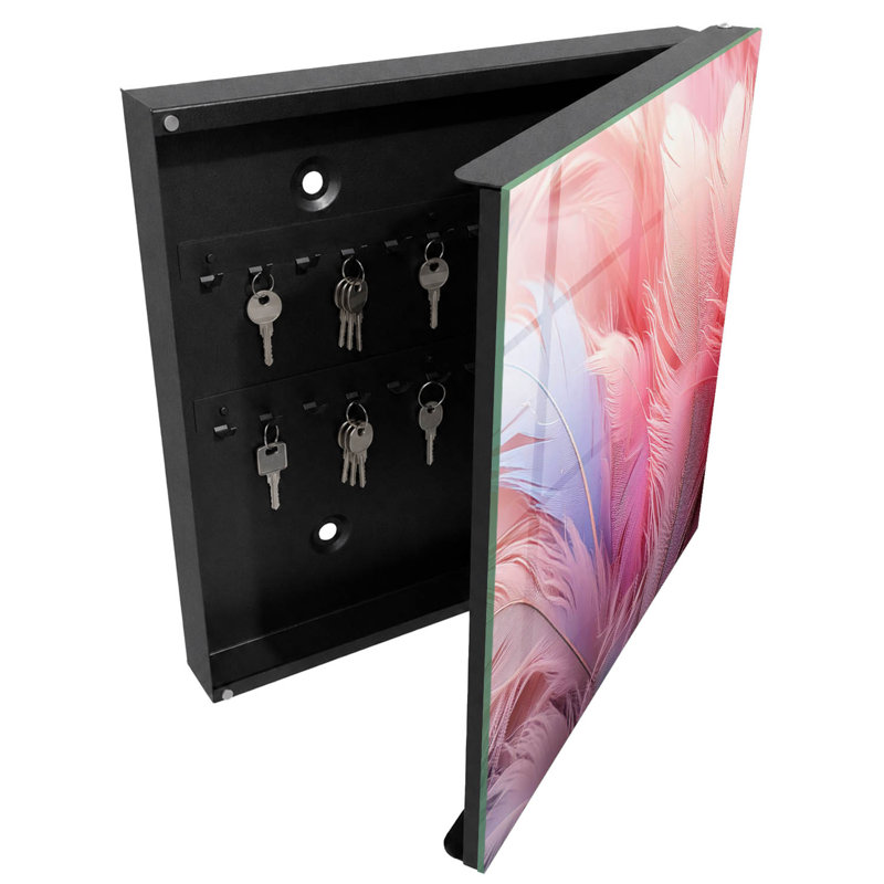 Wall mounted key box, Opens to the right, 30x30x5, Black, feathers in pastel shades of pink and blue, 