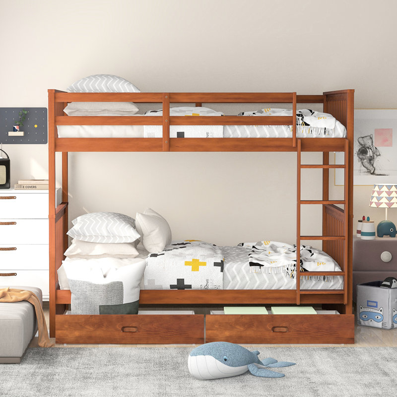 Lit superposé en noyer Twintwin avec échelles et rangement - Un choix de chambre à coucher pratique et attrayant dans un tiroir robuste