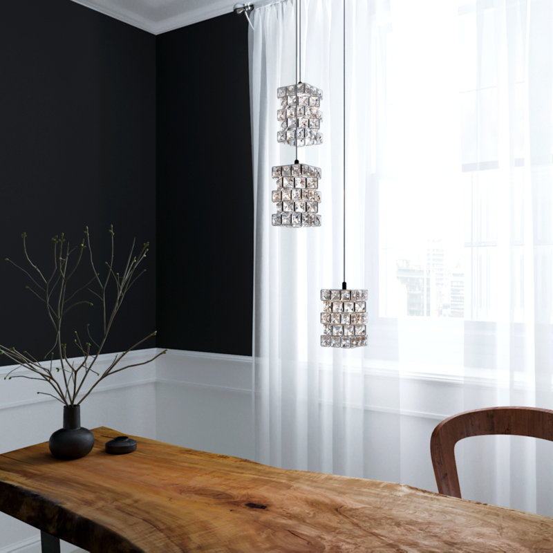 Luminaire suspendu carré à 3 lumières DEL avec accents de cristal Tidwell