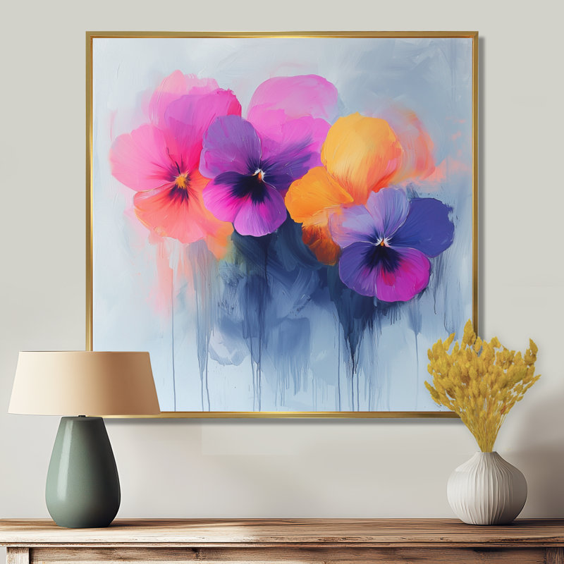 Nyemia Pansies Watercolor Minimimal Blooms - coquelicot, art mural, H 16 po x l 16 po, Impression encadrée flottante, Doré