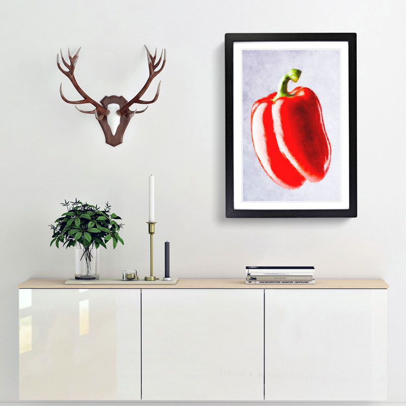 Lone Red Bell Pepper - Framed Print, 33cm H x 24cm W x 2cm D, Black Framed