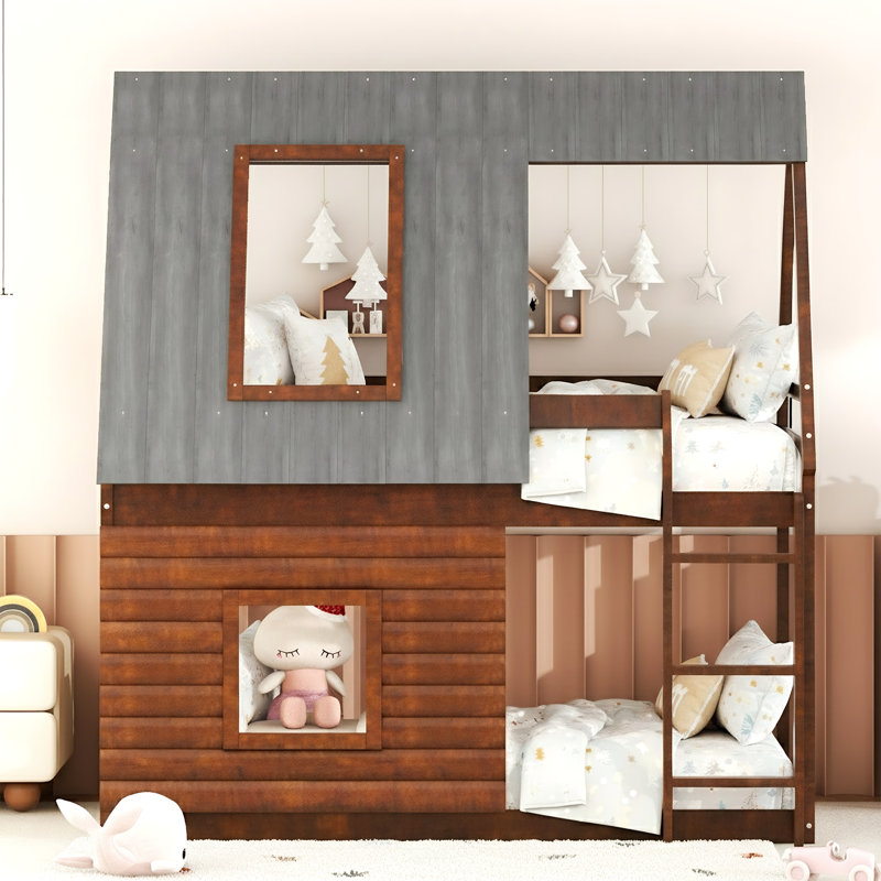 Twin Over Twin House Shape Bunk Bed With Roof, Ladder And 2 Windows - Pine Wood And Mdf