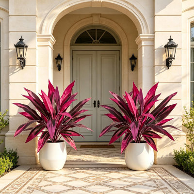 Set of 4 Artificial Tropical Plants 20" UV Resistant Faux Cordyline Dracaena with Magenta Purple Leaves & Boston Fern Agave Hostas Greenery, Fake Potted Shrubs for Outdoor Patio Porch Balcony Indoor Decor