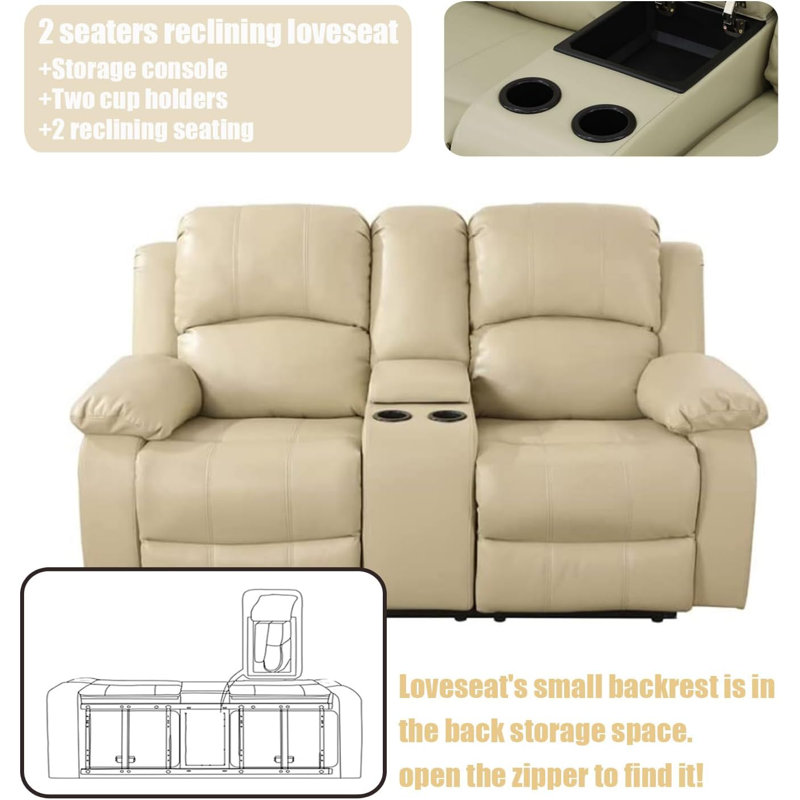 Beige Faux Leather 3-Piece Reclining Sofa Set with Cup Holders