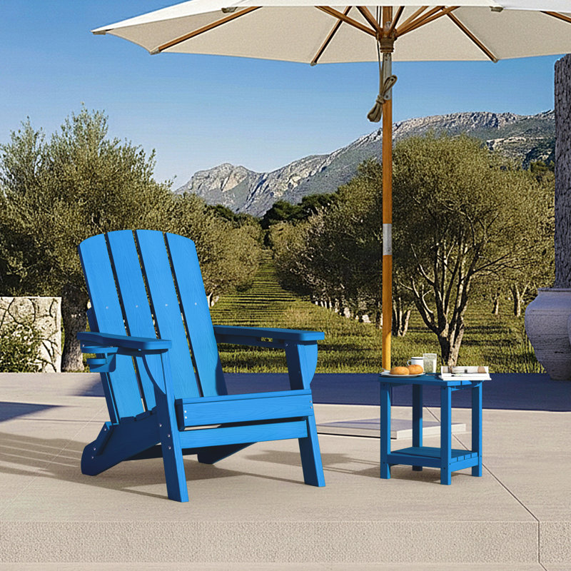  Folding Adirondack Chair Weather-Resistant HDPE Outdoor Fire Pit Chair With 2 Cup Holder, Royal Blue