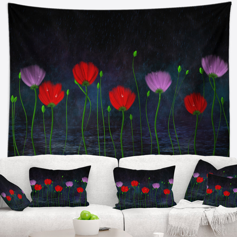 Tapisserie florale et fleurs avec bourgeons et gouttes, H 78 po x l 92 po