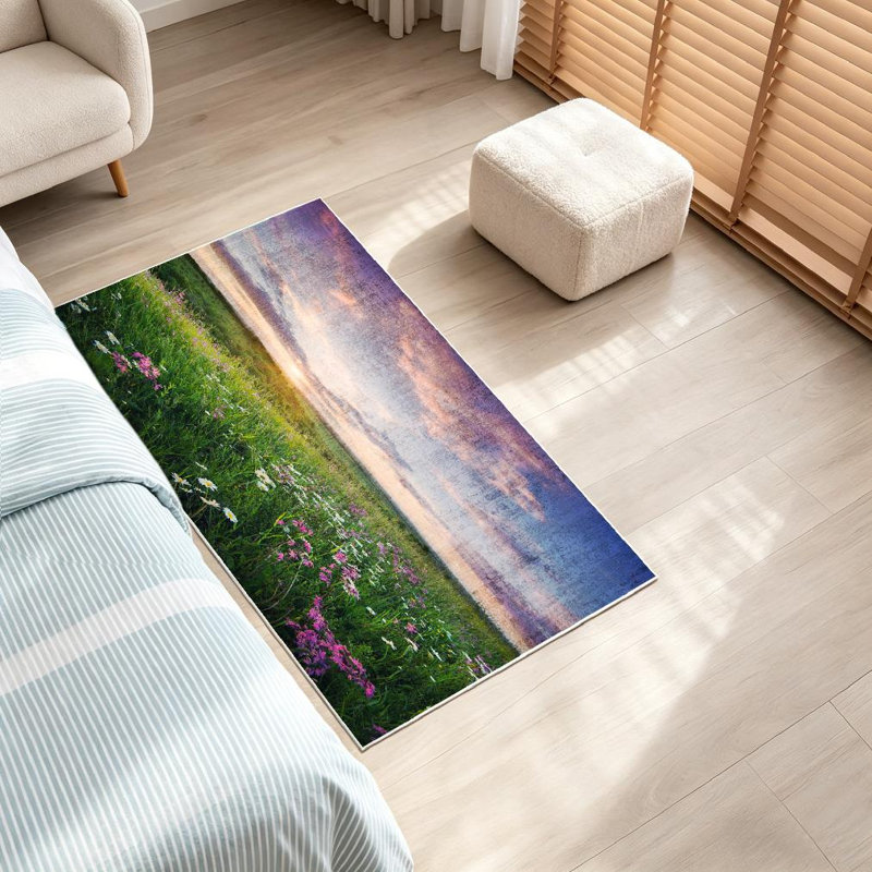 Tapis transparent lavable à la machine, champ de montagne, lever de soleil, Rectangle 32" x 47"