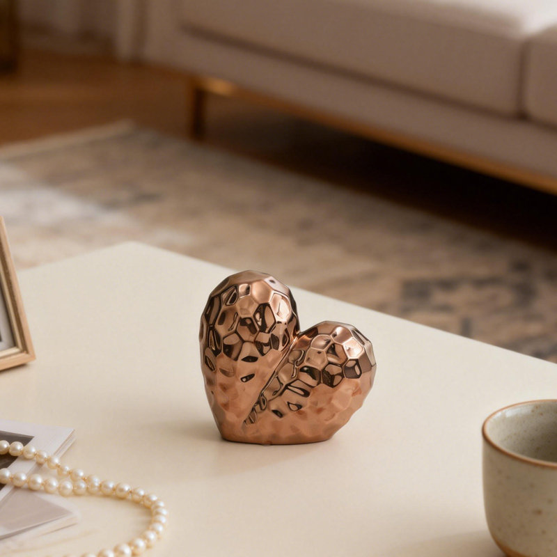 Ceramic Heart-Shaped Decorative Sculpture, 3D Angled Origami-Inspired Home Decor Statue, With Faceted Exterior Surface, Small Accent Ornament