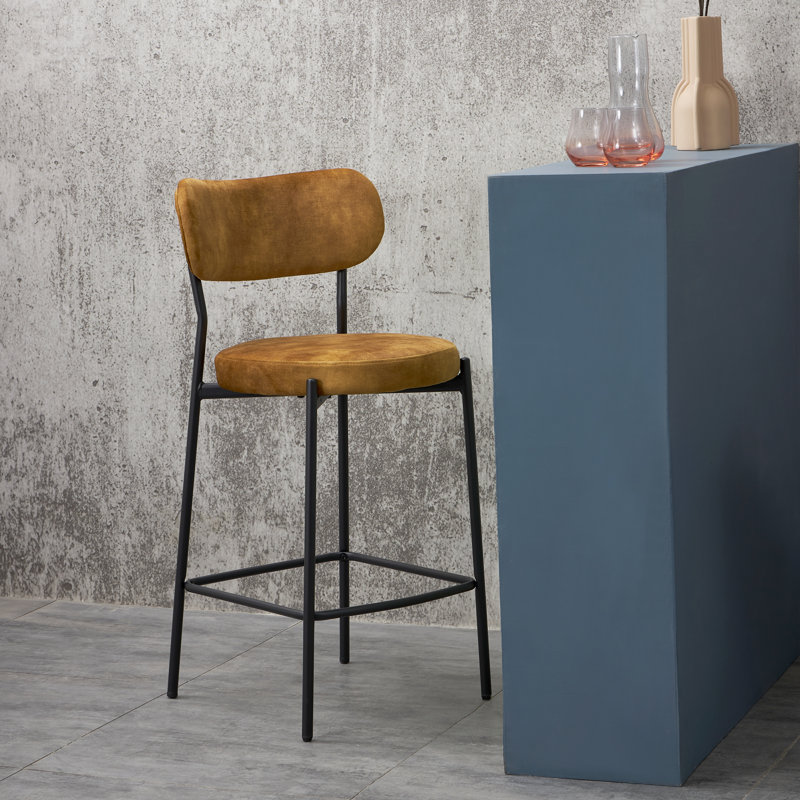 2x Mateiu 67 Velvet Upholstered Bar Stool, Mustard