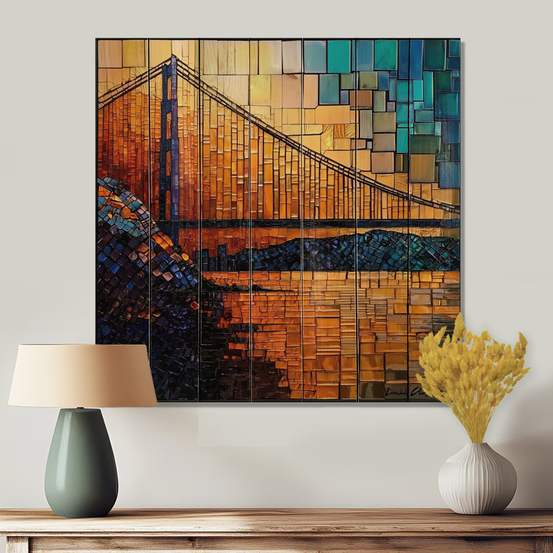Golden Gate Bridge sur mosaïque Horizon II - San Francisco, art mural sur bois de pin naturel, H 30 po x l 30 po