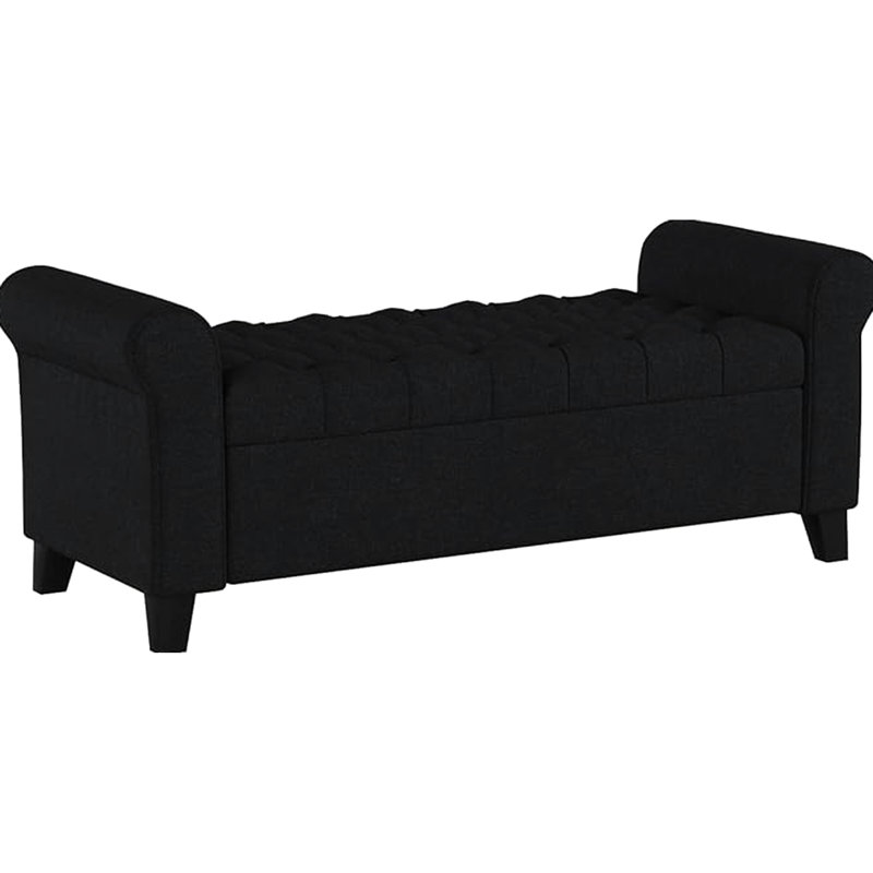 Élégant banc de rangement en tissu gris foncé avec boutons splendides et accoudoirs roulés, ornement captivant élégant, l 19,5 po