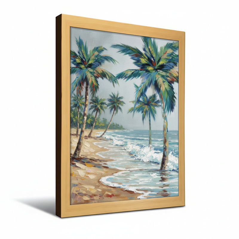 Plantes et fleurs, plage tropicale avec palmiers et vagues de l'océan, H 30 po x l 20 po, Toile tendue, Ne s’applique pas