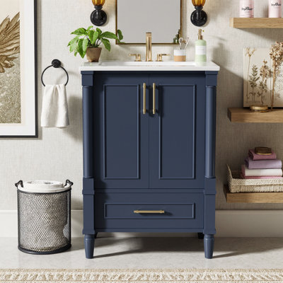 Meuble-lavabo moderne de 24 po avec motif orné, pieds cylindriques français, charnières à fermeture en douceur, lavabo en céramique, armoire en bois massif et panneau de fibres à densité moyenne, conception autoportante pour les petites salles de bain