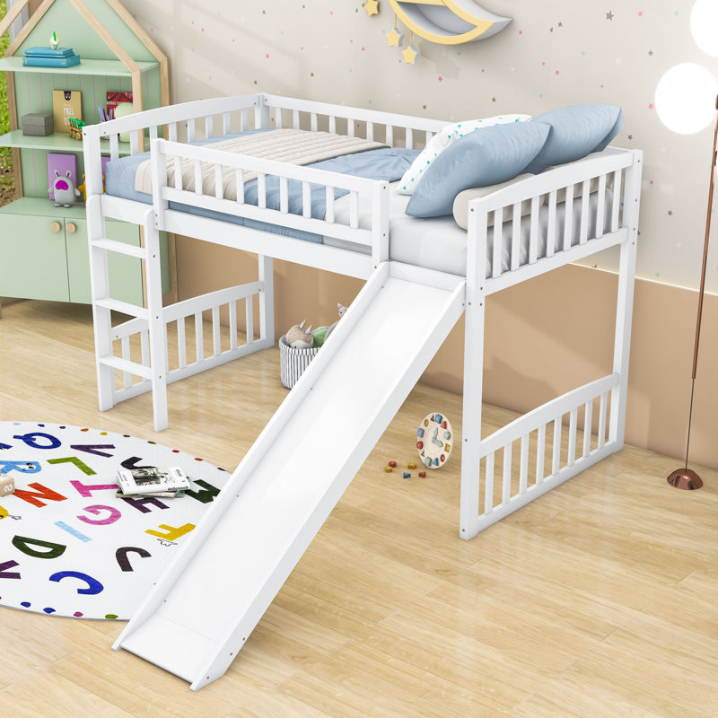 Twin Size Wood Loft Bed With Slide And Guardrails, White