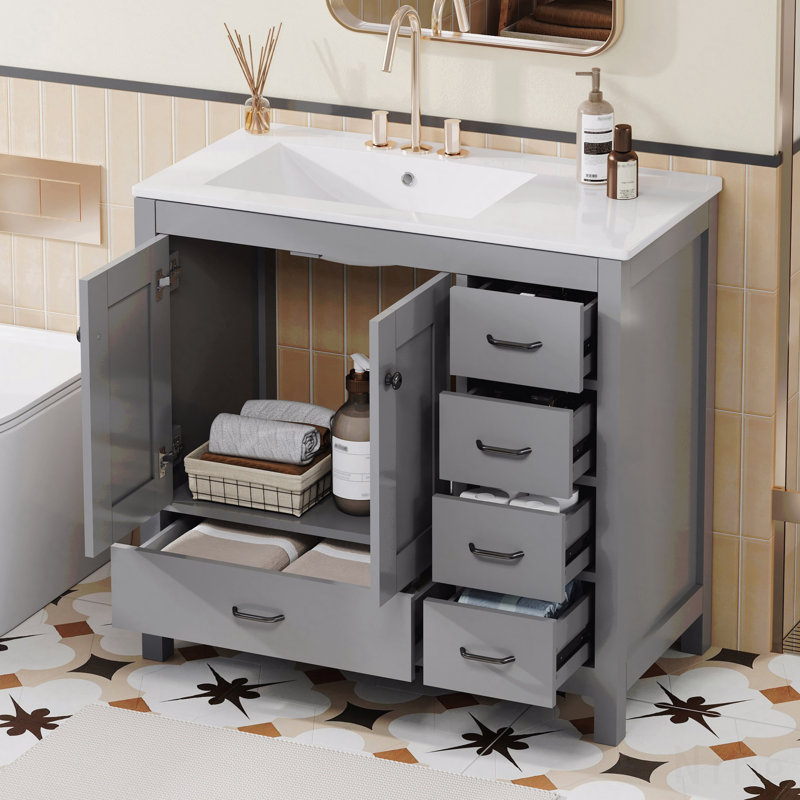 Ensemble de meuble-lavabo avec lavabo en céramique, armoire de rangement abondante, 2 portes à fermeture douce et 5 tiroirs
