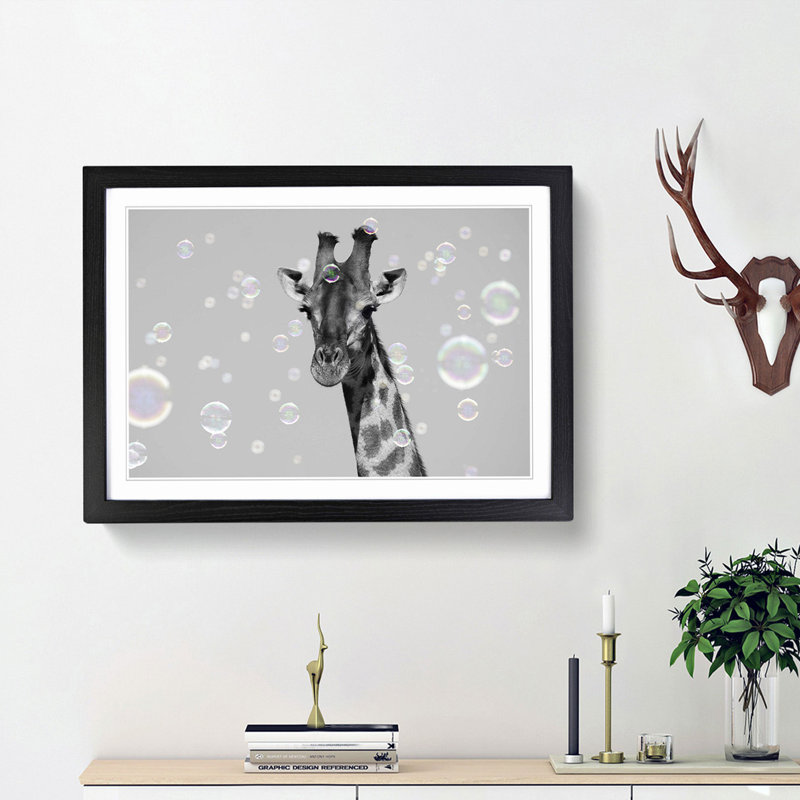 Giraffe Through the Bubbles - Picture Frame Graphic Art Print, 48cm H x 65cm W x 2cm D, Black Framed
