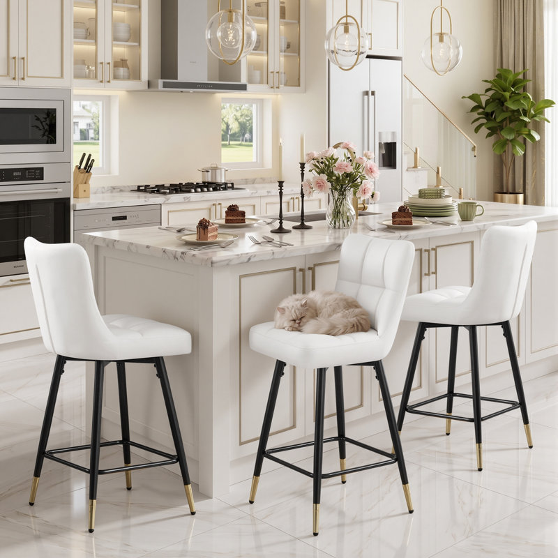 26"Swivel Upholstered Bar Stool, White, 3