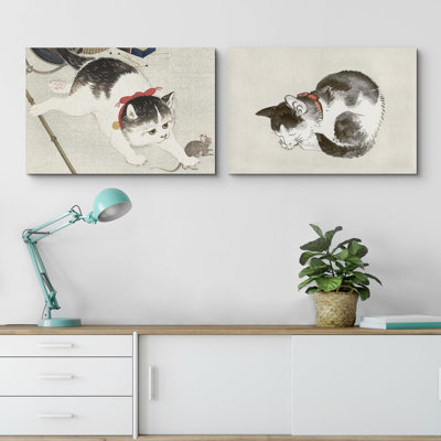 Chats de style japonais se ruant sur les animaux de la souris 2 pièces