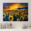 Champ de tournesols et coucher de soleil sur une toile de coton de haute qualité pour décorer un salon