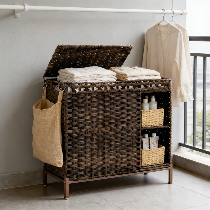 Large 2-Section Laundry Hamper With Lid And Storage Shelf, Woven Rattan Laundry Sorter Basket With Removable Liner Bags And Handles For Home Organization