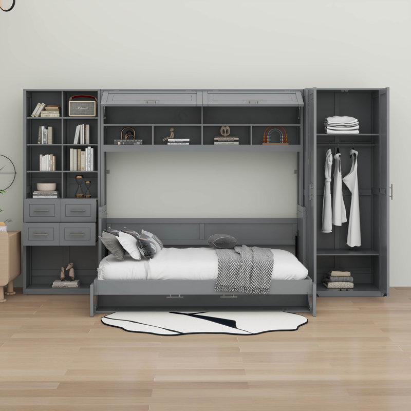 Grand lit escamotable mural avec placard, tiroir et tablette, Gris