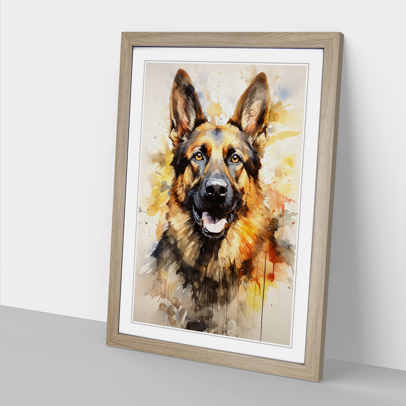 German Shepherd Modern - Single Picture Frame Print on Wood, Oak, 34cm H x 25cm W x 2cm D