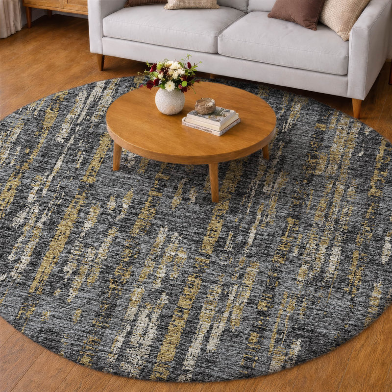 Premium Machine Washable Dream Shag ADS39 Broken Bars Rug, Granite, 8' Round