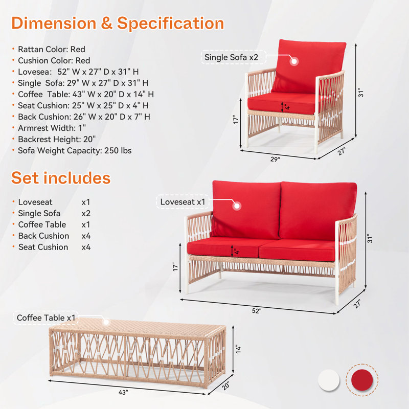  Ensemble de canapé de patio en PEHD avec structure en aluminium et table basse 4 pièces Malynn, Rouge