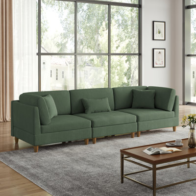 Seemab 3 - Piece Upholstered Green Corduroy Modular Sectional with Pillow Back and Solid Wood Legs