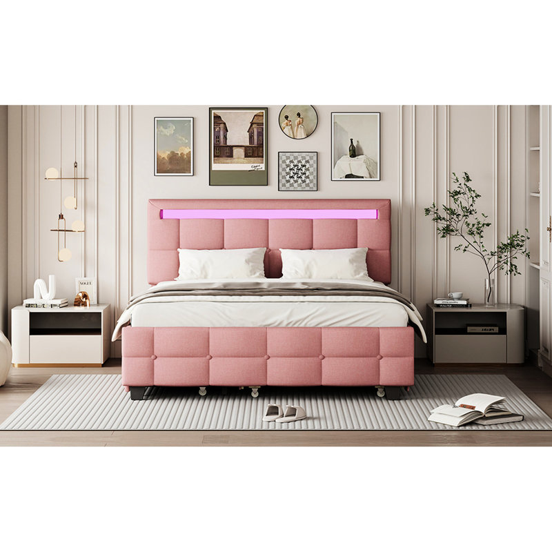Lit tapissier grand en lin avec 2 tiroirs, lit gigogne simple TG, cadre à DEL rose