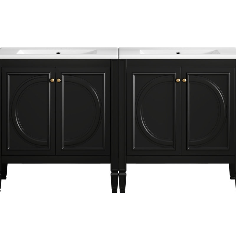 Meuble-lavabo de 60 po pour lavabo double, construction en bois massif, design rétro, lavabo en céramique avec trop-plein en métal, meuble-lavabo ajustable avec tiroir de rangement de 60 po, style rétro élégant et armoire