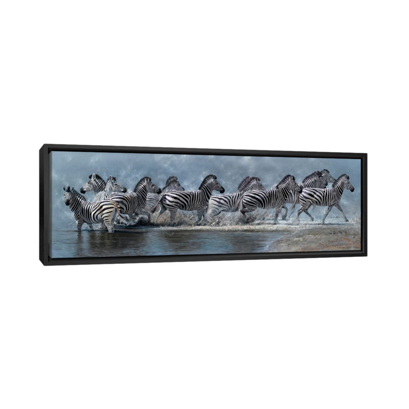 Vol des zèbres - reproduction sur toile tendue, H 12 po x l 36 po x P 1,5 po, Cadre noir