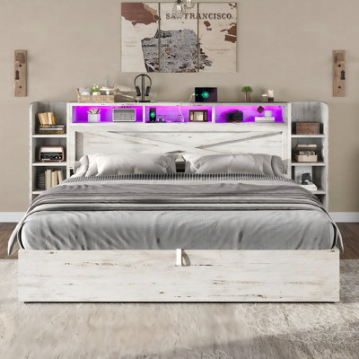 Shila 45.1" Lift Up Storage Bed Frame with Charging Station, LED Bookcase Headboard & 2 Side Shelf,Queen Size, Black