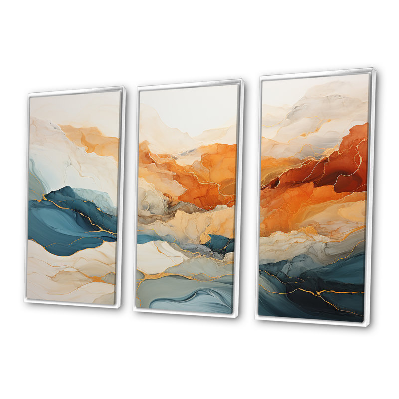 Abstrait orange et bleu rivière encre - ensemble d'art mural en marbre, H 32 po x l 48 po x P 1 po, Cadre flottant blanc