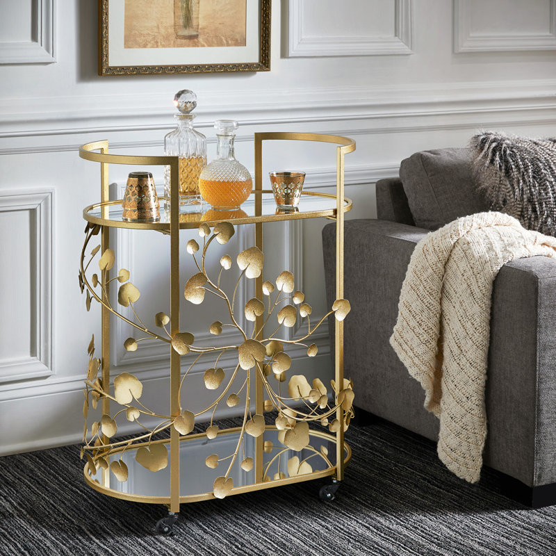 Larkynn Gold Finish Foliage Bar Cart With Mirror Top And Bottom
