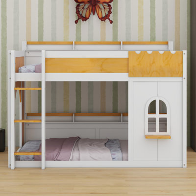 Lit superposé pour enfants avec tablettes fonctionnelles, fenêtre décorative et porte d'entrée