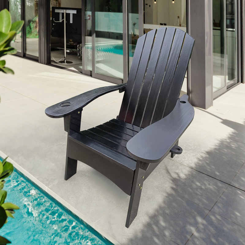 Outdoor Or Indoor Wood Adirondack Chair With An Hole To Hold Umbrella On The Arm, Black