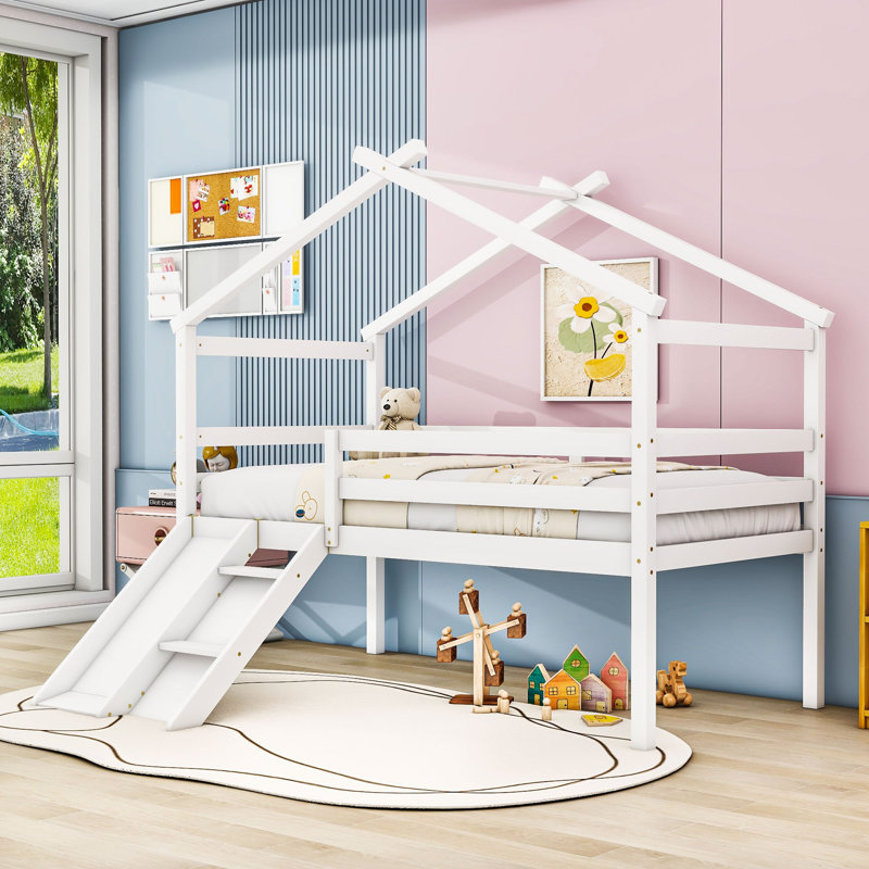 Twin Wooden Low Loft Bed With Slide And Ladder, White