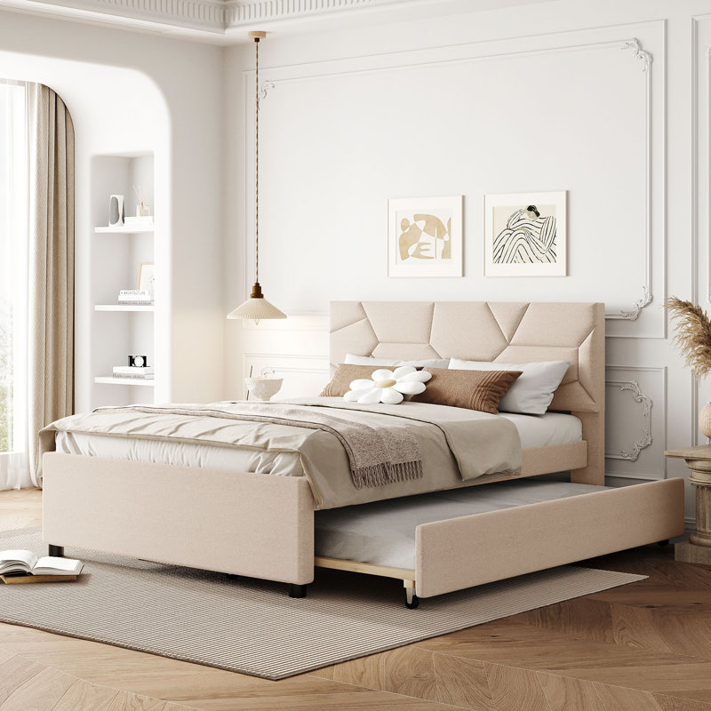 Lit plateforme simple beige avec tête de lit gigogne et brique, Beige