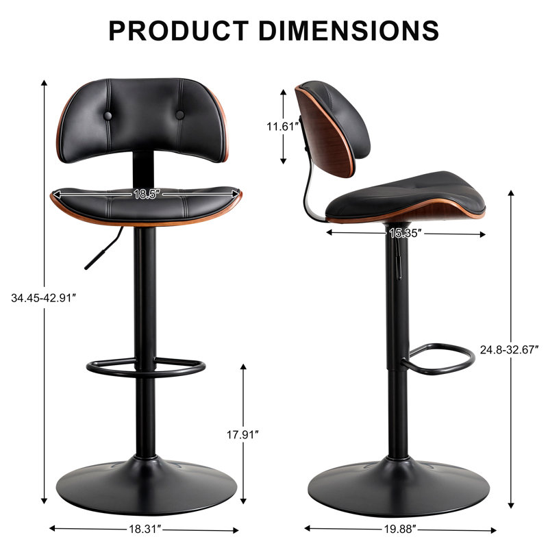 Swivel and  Adjustable Height Bar Stool with Footrest, 3, Black Seat/Black Frame