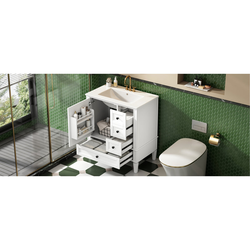 Meuble-lavabo de salle de bain avec lavabo en céramique 30 po - blanc, 3 tiroirs, Blanc