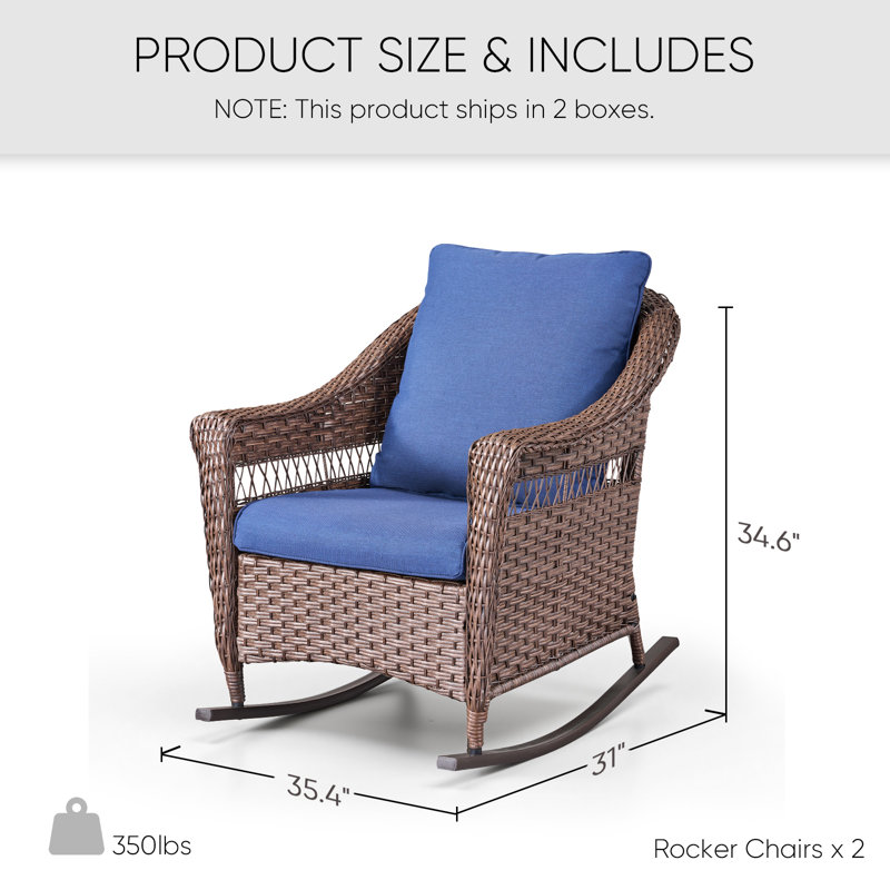 Ensemble de 2 chaises berçantes d'extérieur à dossier haut avec coussins Quirama, Bleu