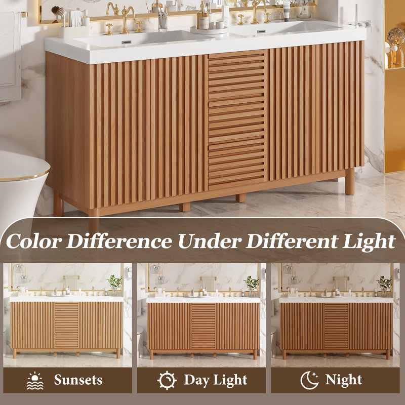 Meuble-lavabo double 59 po avec lavabo en résine SMC, armoire de rangement moderne à poignées cachées avec tablettes en U et tiroirs à fermeture en douceur