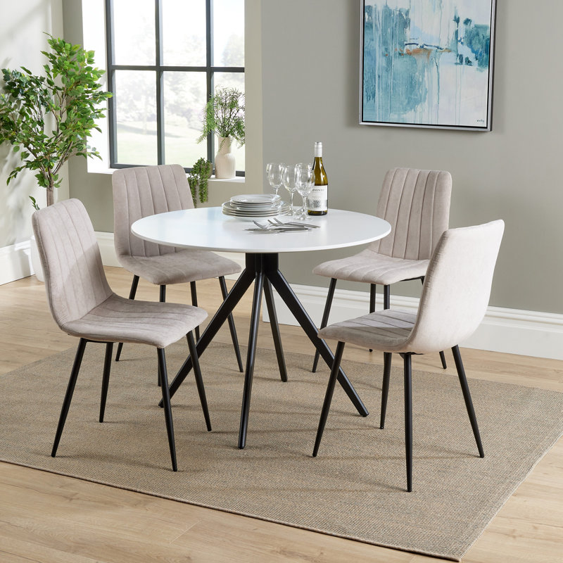 Huetter aspen 1000mm oak foiled round table & 4 fabric chair Set, Platinum, White