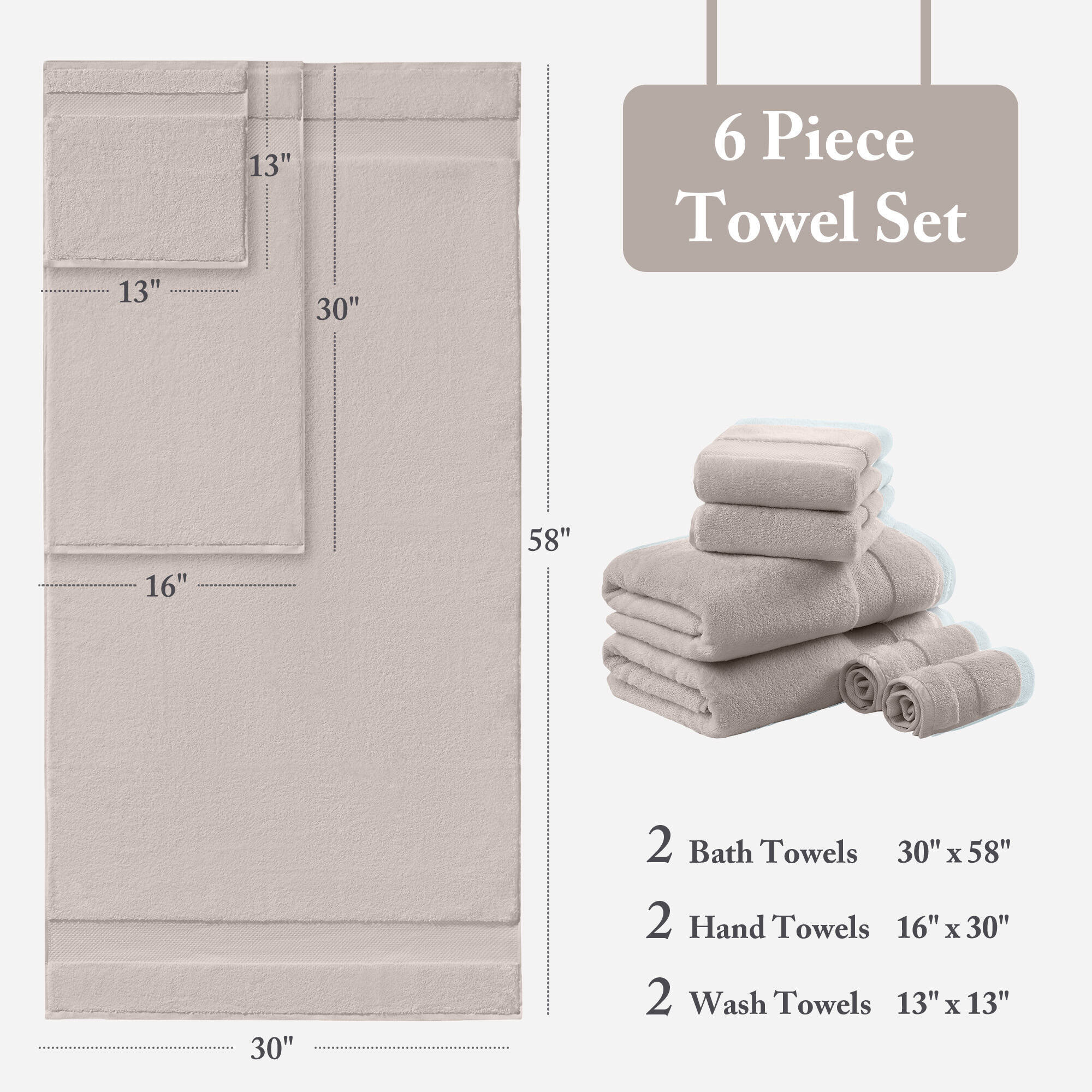 Turkish 100% Cotton Oversized Quick Dry Highly Absorbent Towel Set, Taupe, 6 Piece Towel Set