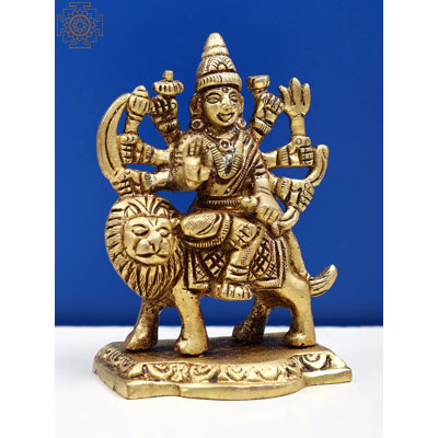 3" Small Brass Goddess Durga Sculpture – Handcrafted Ashtabhuja Deity on Lion for Protection and Home Altar Decor